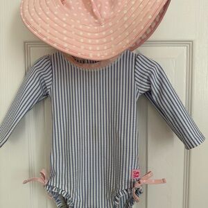 Ruffle Butts Blue Striped Baby swimsuit with matching Pink Hat